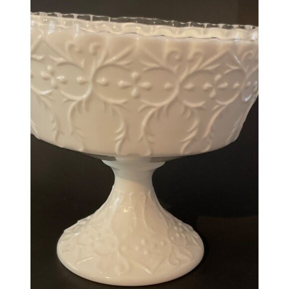 Fenton Milk Glass Compote Spanish Lace Silver Crest Pedestal Vintage 6" x 6.5" - Picture 7 of 12